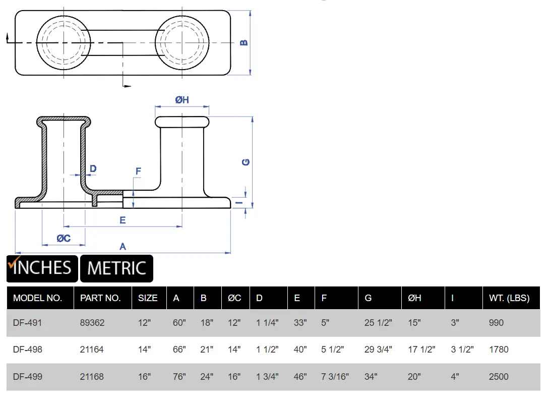 DF-491/DF-498/DF-499 Cast Steel Double Bitt product specifications