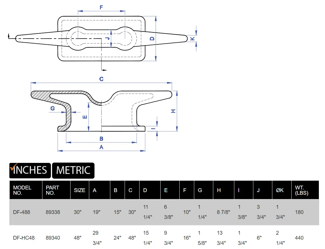 DF-488 / HC48 Cast Steel Heavy Kevel product specifications