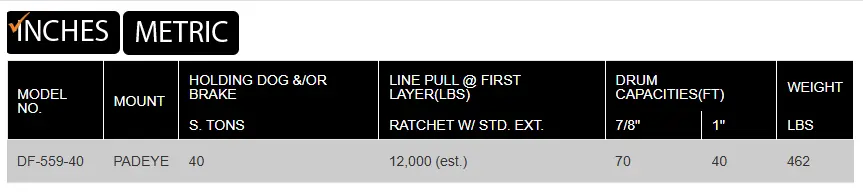 DF-559 Cast Drum Winch product specifications