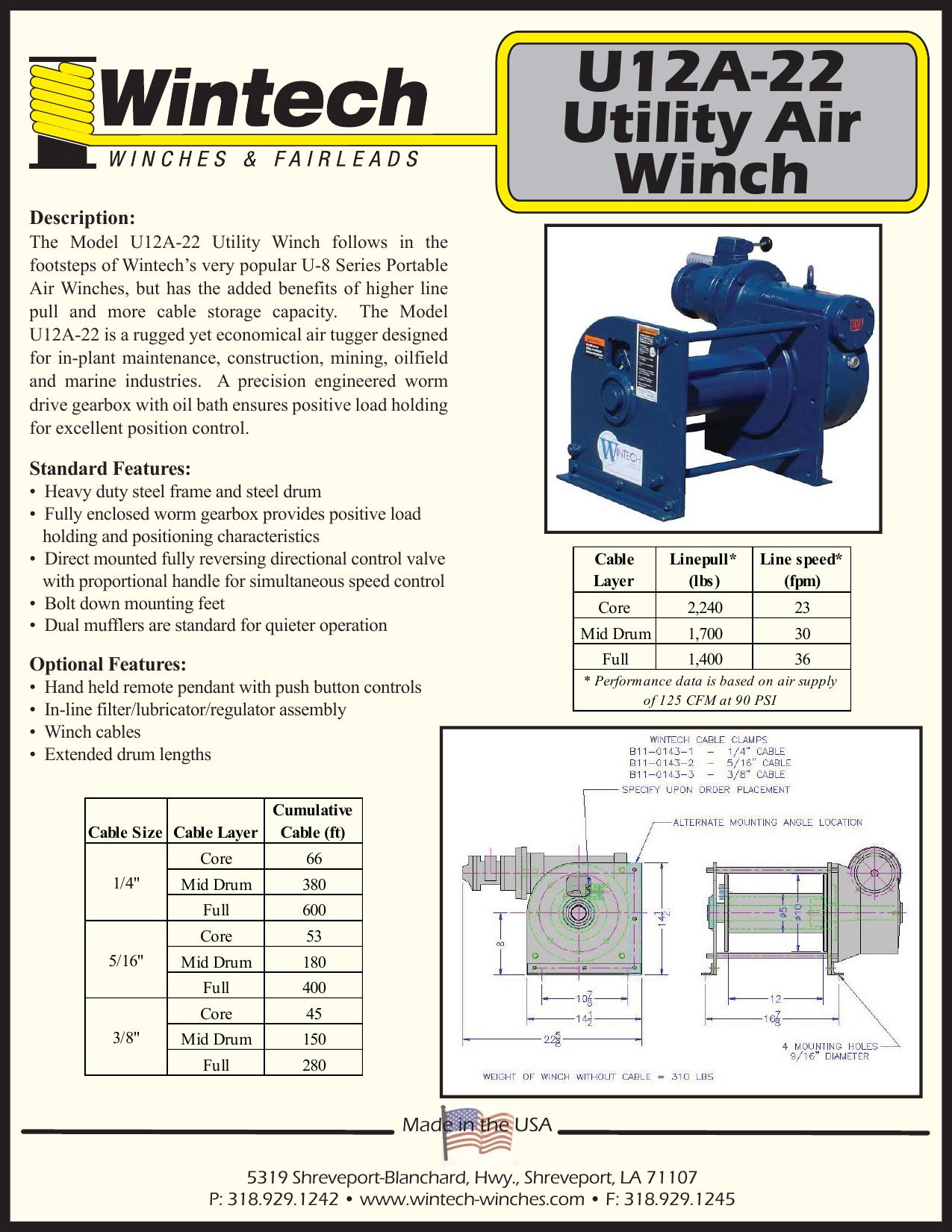 U12A-22 Utility Air Winch product specifications