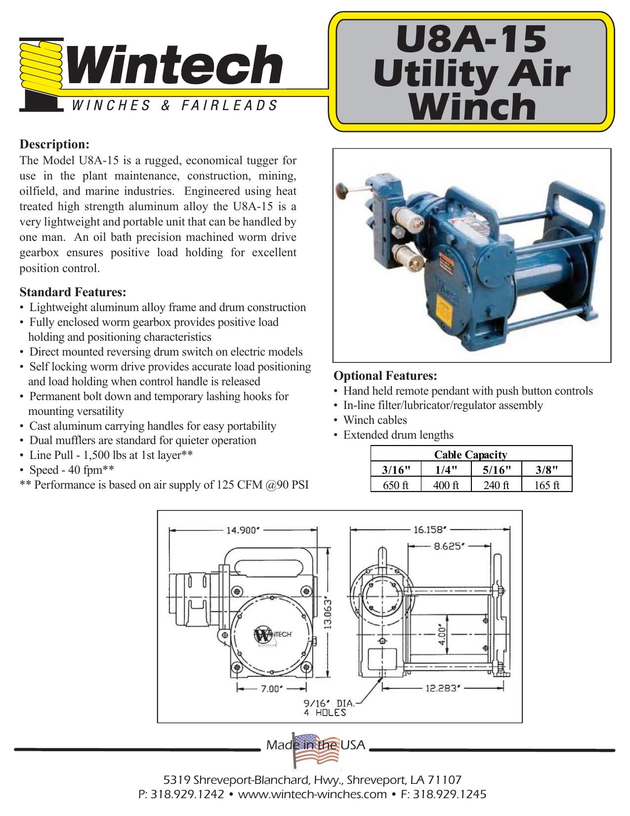 U8A-15 Utility Air Winch product specifications