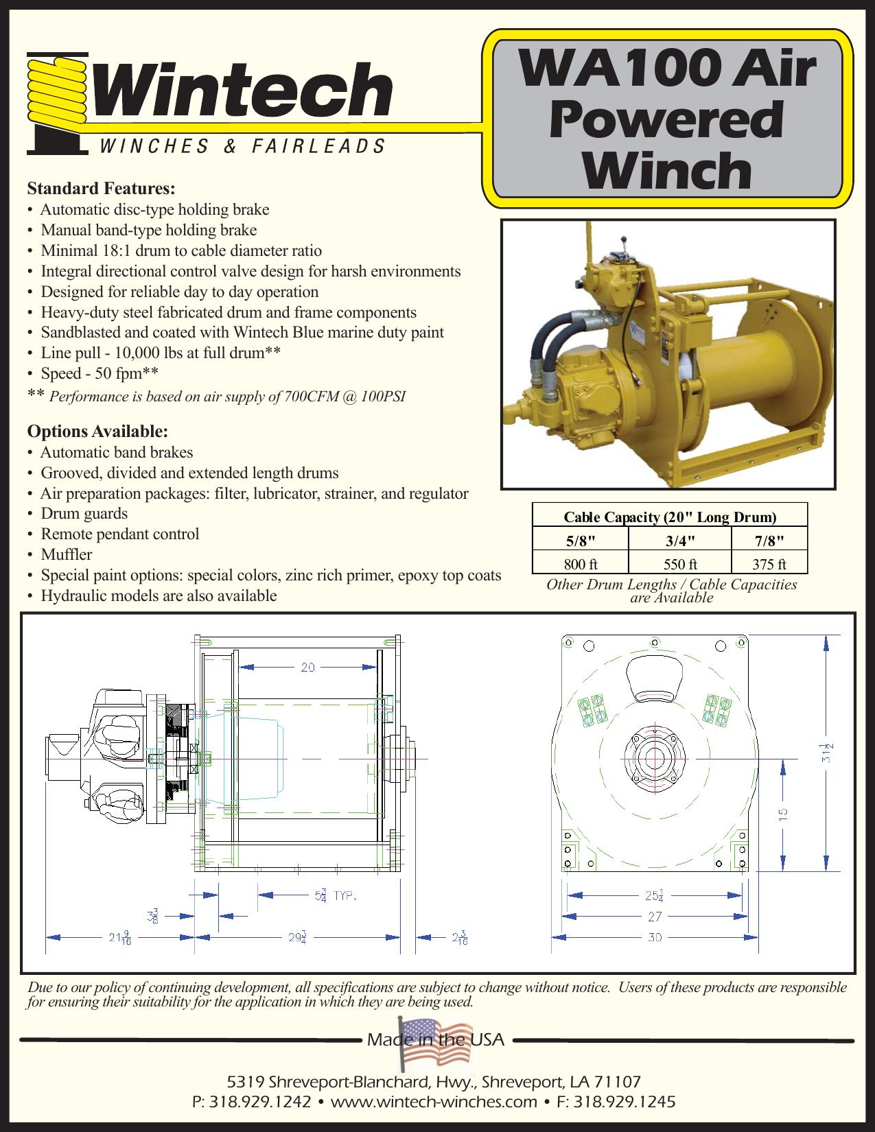 WA100 Air Winch - 10,000 lbs product specifications