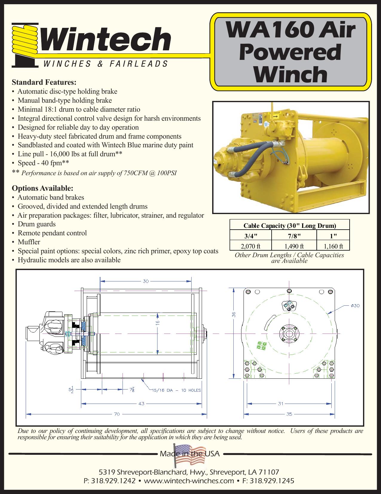 WA160 Air Winch - 16,000 lbs product specifications