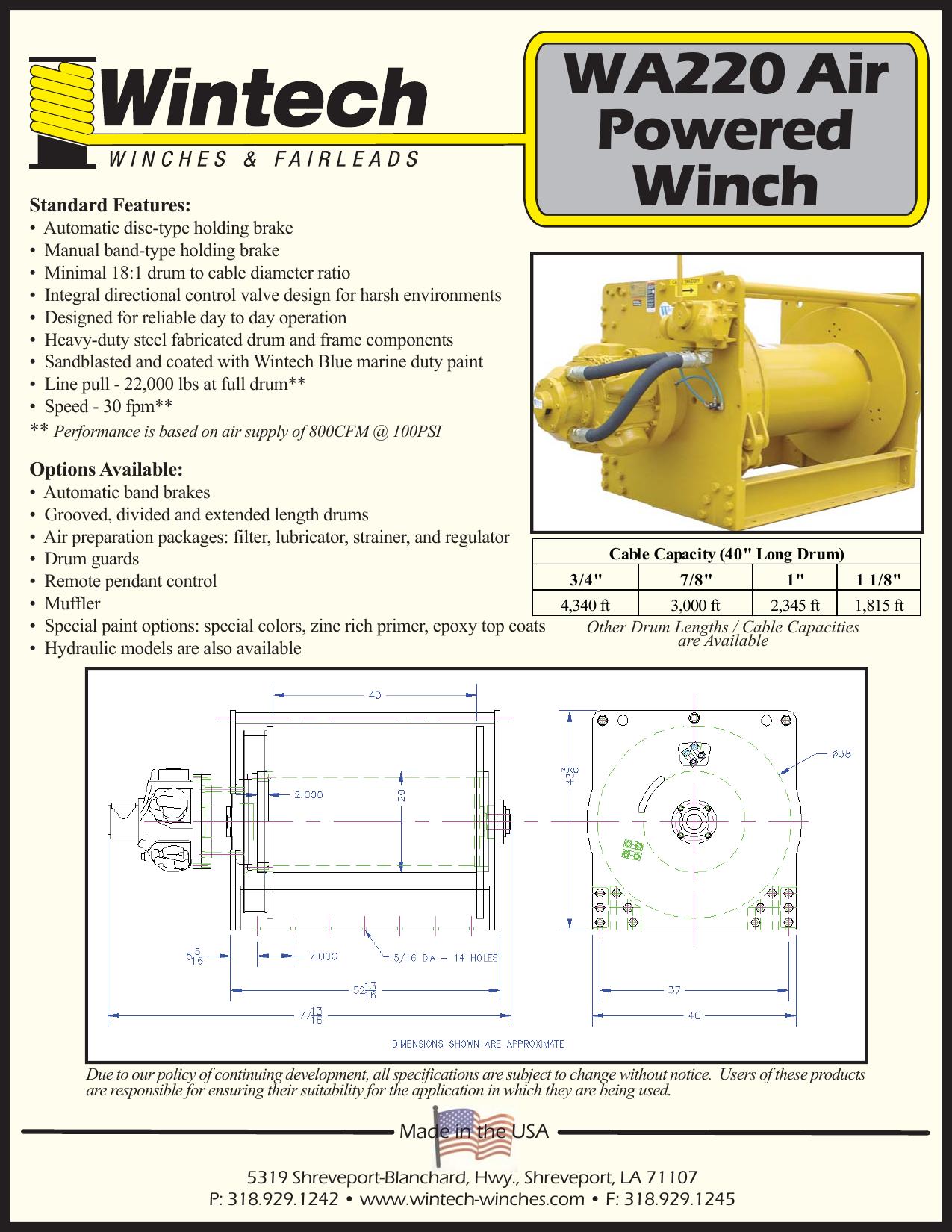 WA220 Air Winch - 22,000 lbs product specifications