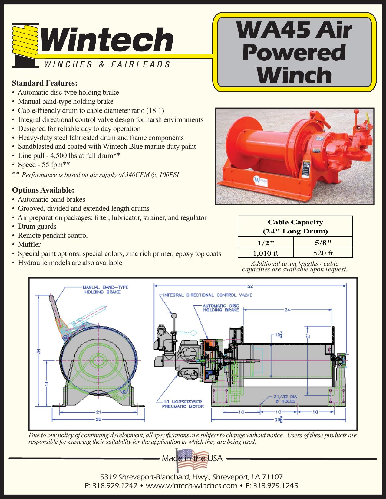 WA45 Air Winch - 4,500 lbs product specifications