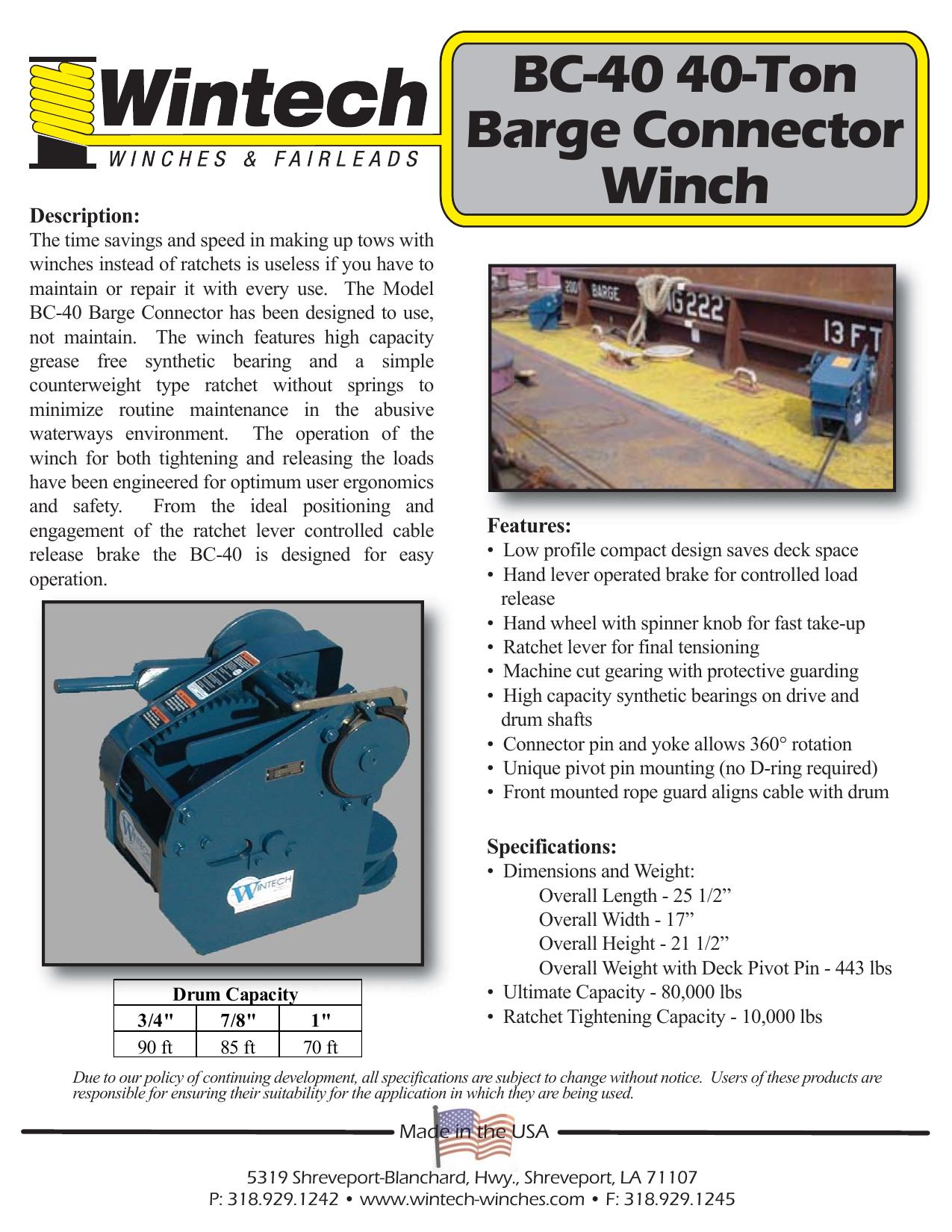 BC-40 Barge Connector Winch product specifications