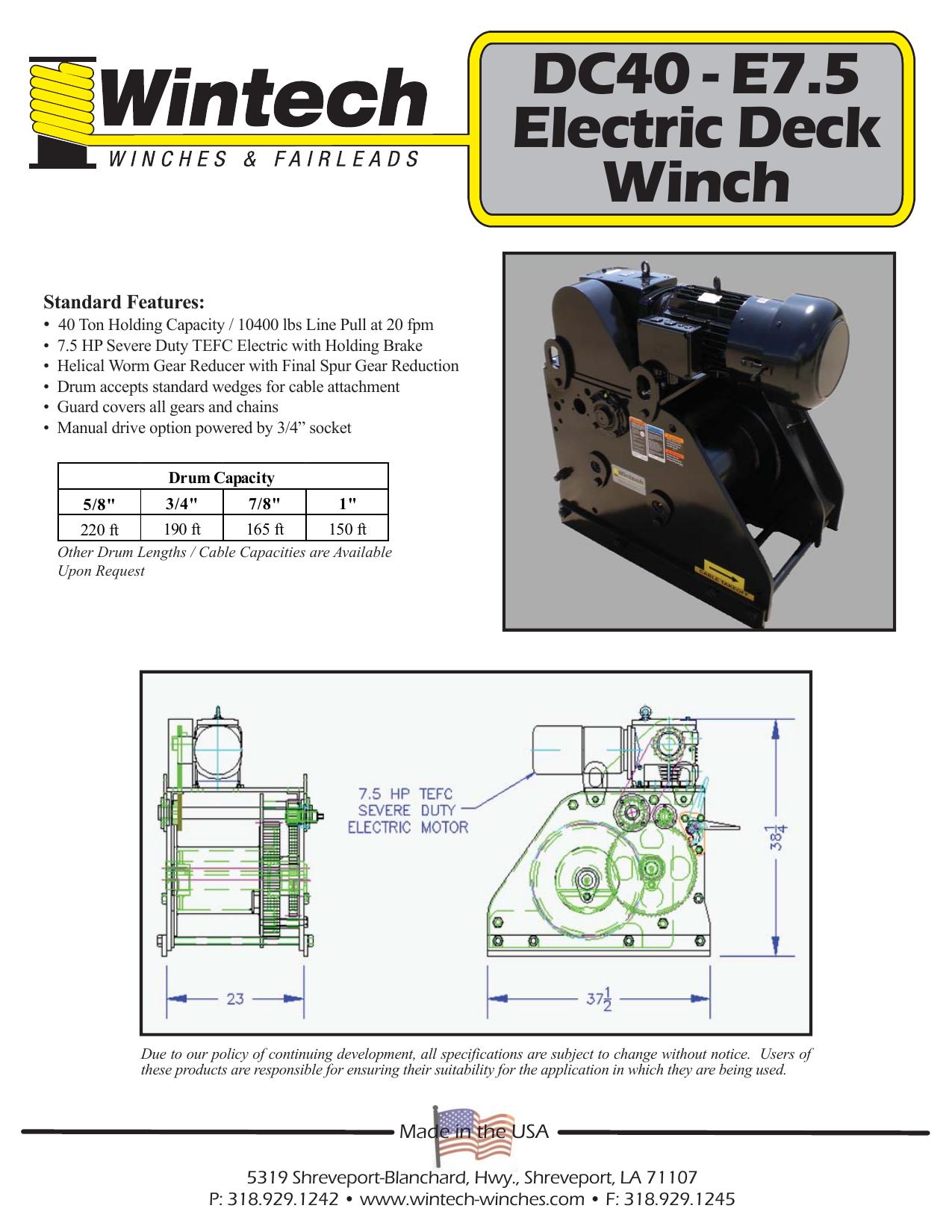 DC40 - E7.5 Electric Deck Winch product specifications