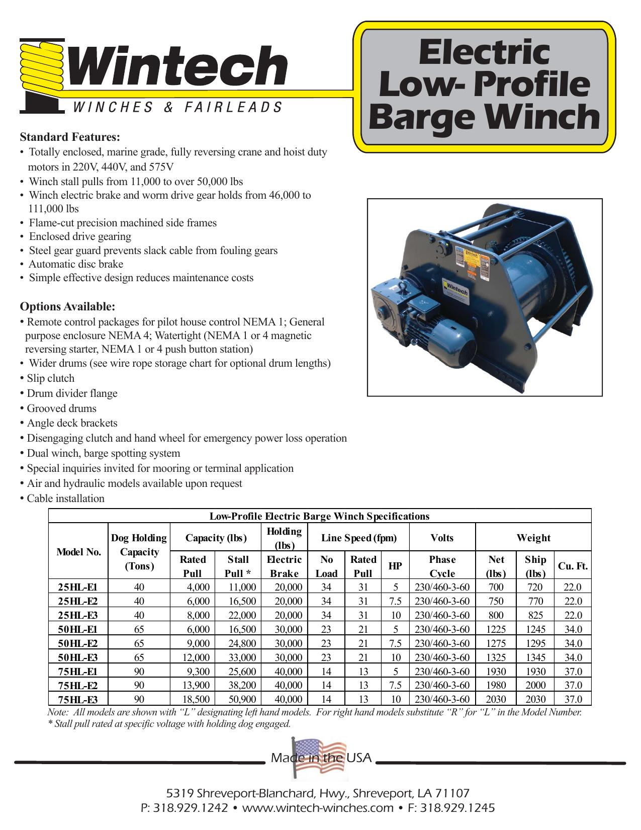 Electric Low-Profile Barge Winch - 40 to 90 Ton product specifications