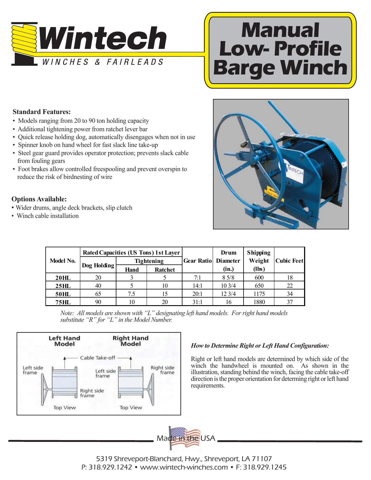 Manual Low-Profile Barge Winch - 20 to 90 Ton product specifications