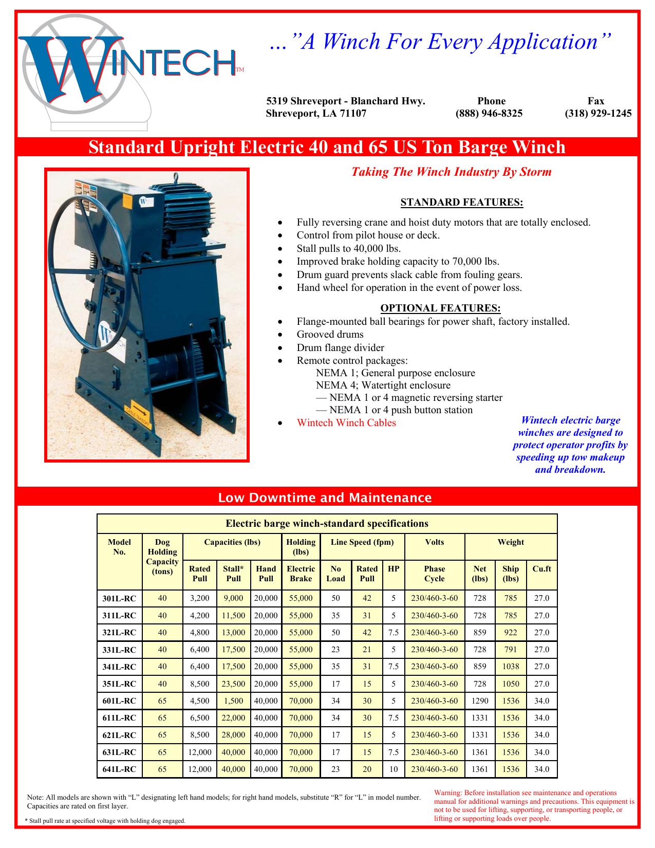Standard Upright Barge Winch product specifications