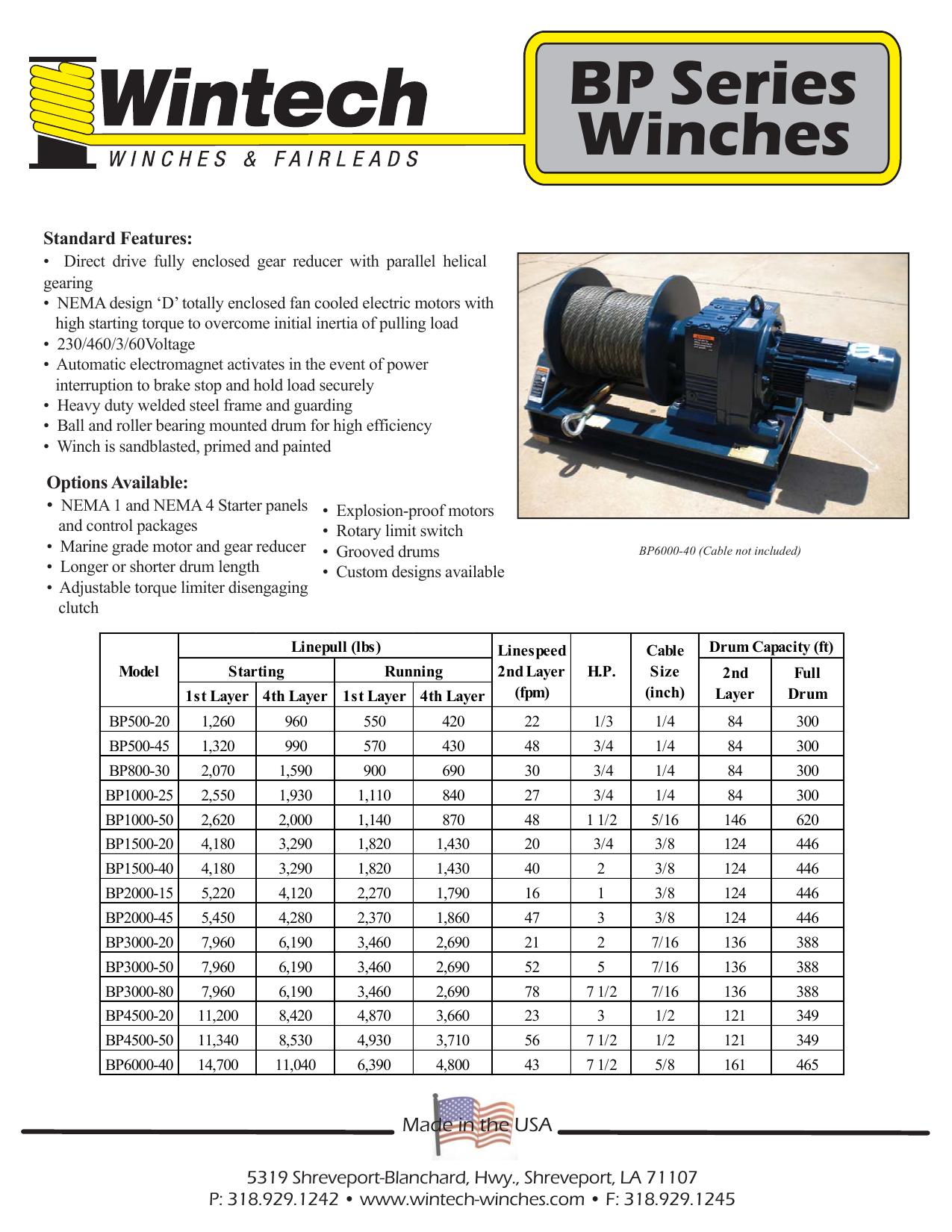 BP Series Winches - 500 to 6,000 Lbs. Capacity product specifications