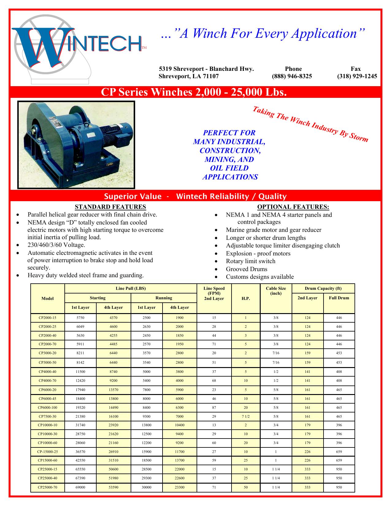 CP Series Winches - 2,000 to 25,000 Lbs. Capacity product specifications