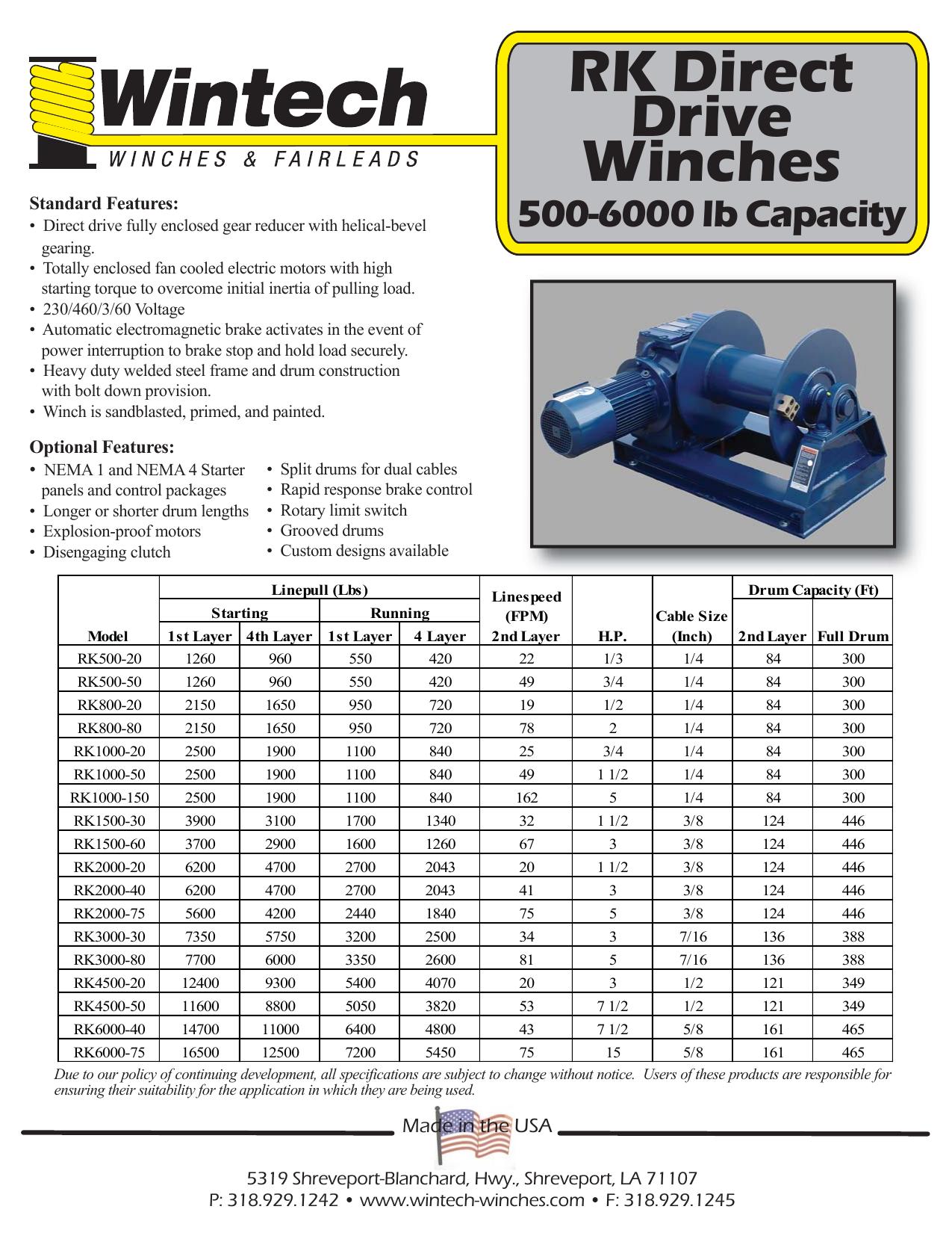 RK Series Winches - 500 to 6,000 Lbs. Capacity product specifications