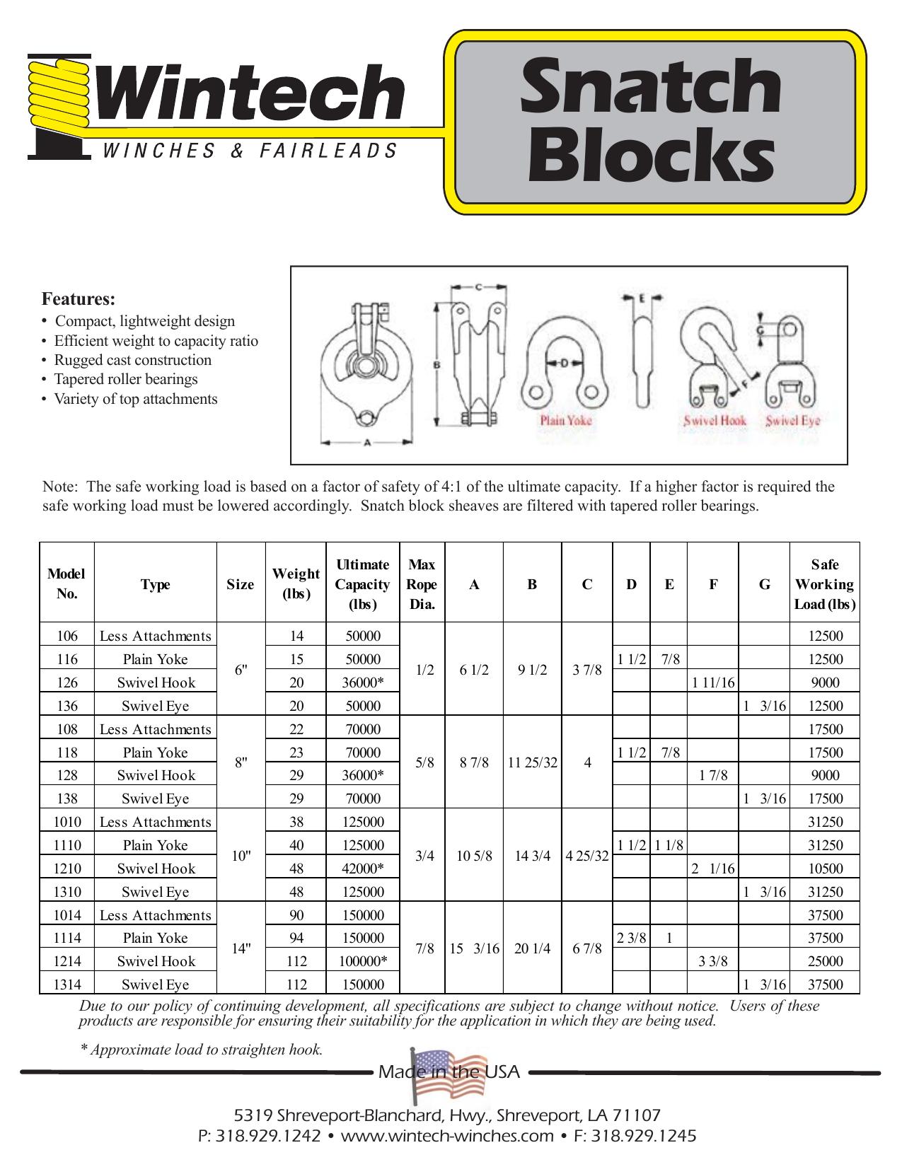 Snatch Blocks product specifications
