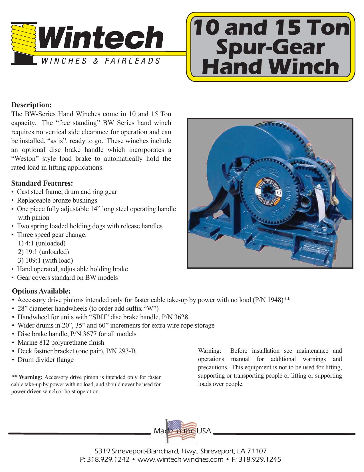 Spur Gear BW Series Winches - 10 and 15 Ton Capacity product specifications