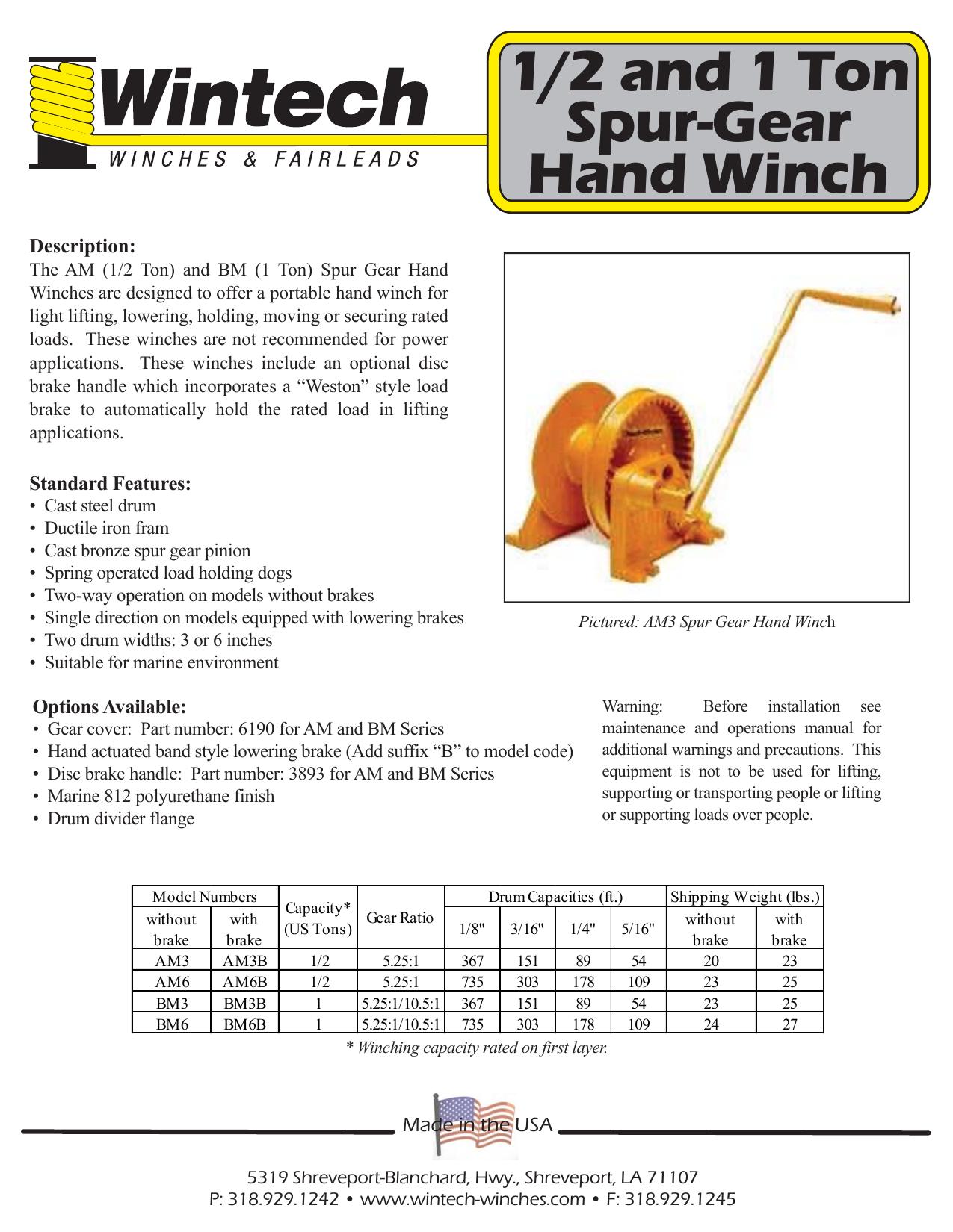 Spur Gear "Handi - Winch" Series 1/2 and 1 Ton Capacity product specifications
