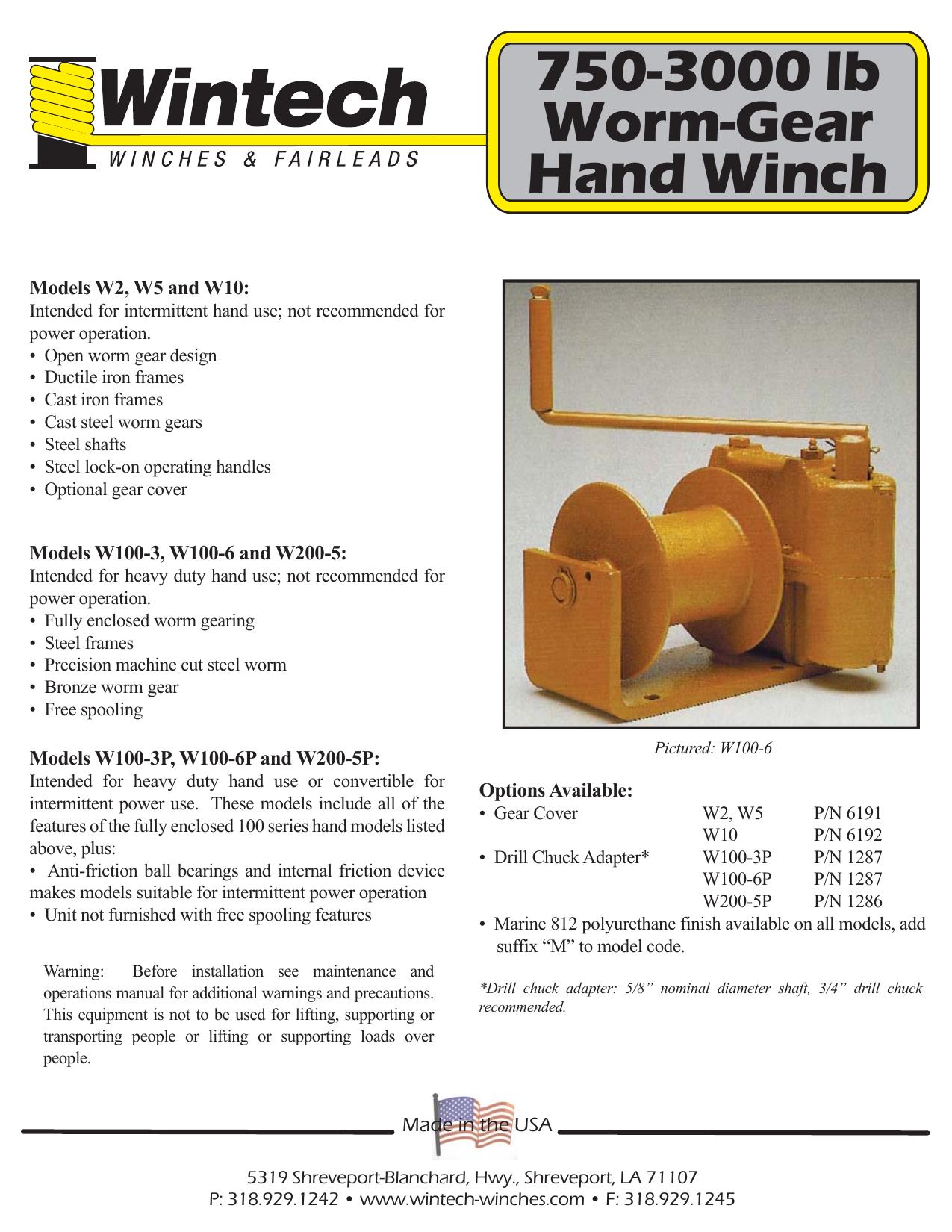Worm Gear Hand Winch Series 750 - 3000 lbs. Capacity product specifications